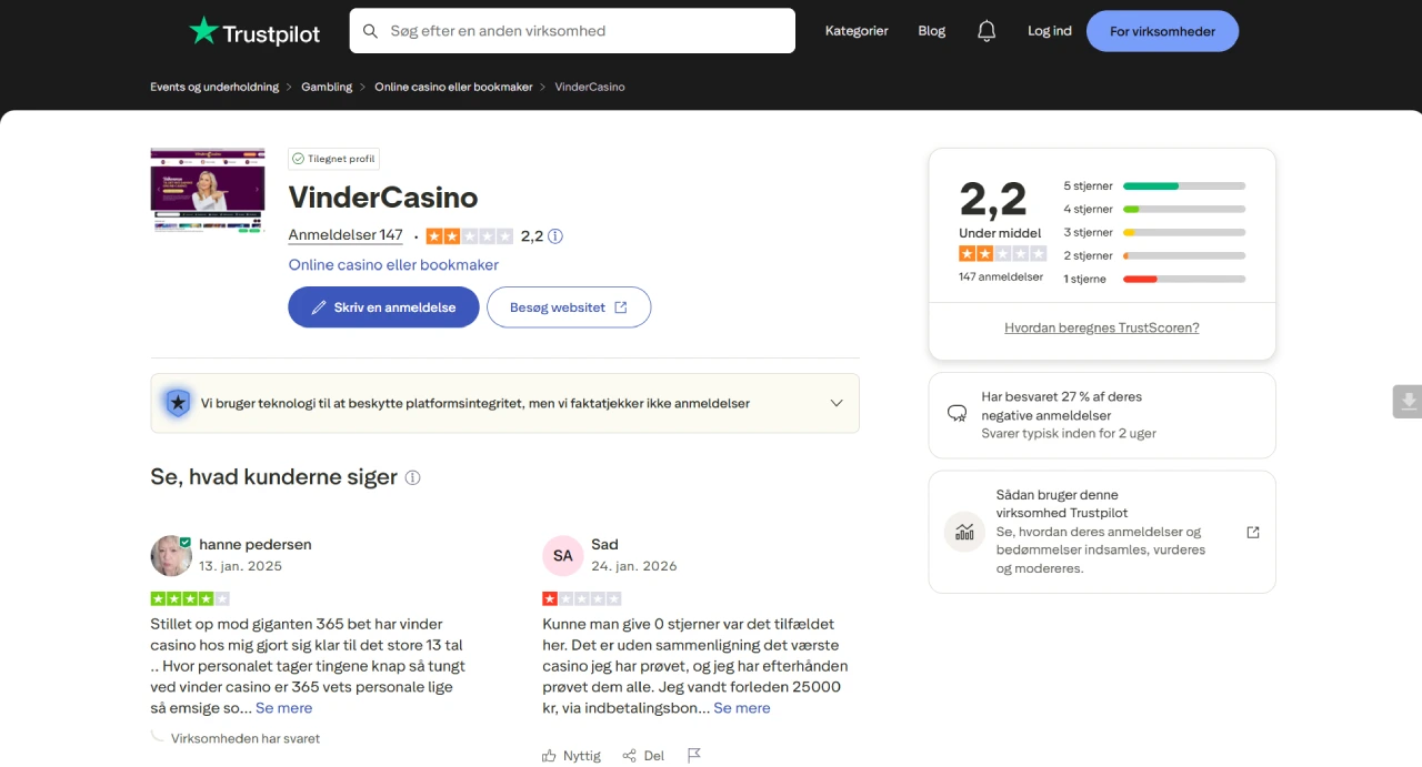 VinderCasino Trustpilot